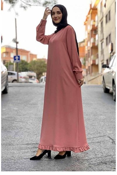 sefamerve Ruffled Hem Aerobin Dress Dusty Rose - Seasonal Crew Neck Dress