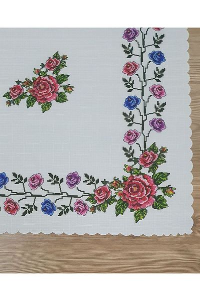WENESSİ Colorful Rose Cross Stitch Patterned Printed Polyester Fabric Fiskos Cover (95×95cm)