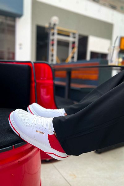 Joy Man Pantofi pentru bărbați - J075 Signature, talpă ortopedică, piele casual, alb/roșu CBT