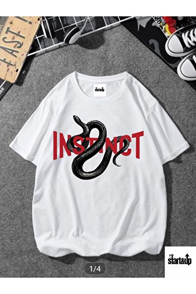 QUEENSTOWN Tricou oversize INSTINCT cu imprimeu alb cu șarpe - strup 00000122