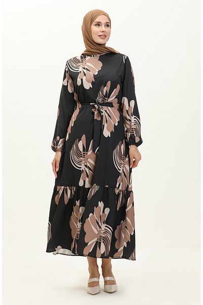 sefamerve Black Brown Digital Printed Gathered Dress 1114-02