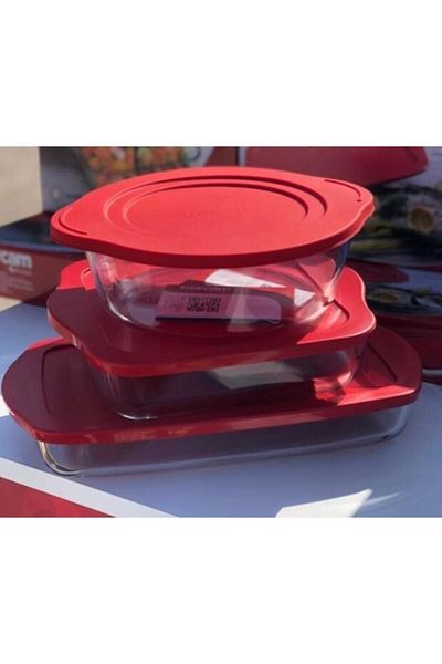 Paşabahçe Red Covered Pyrex Set 3 Pieces