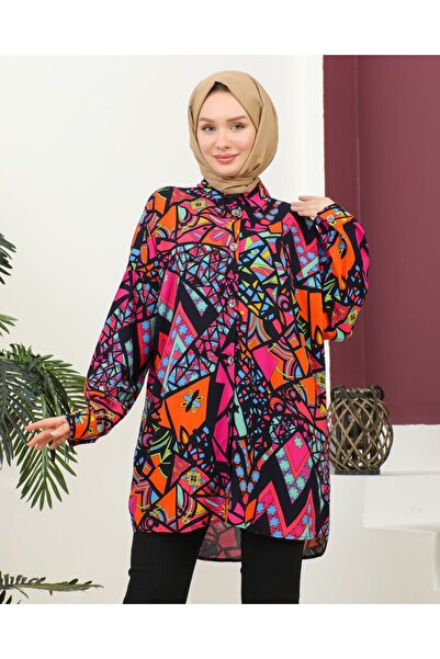 TIWCO OVERSIZE RENKLİ DESENLİ OVERSIZE SİYAH GÖMLEK