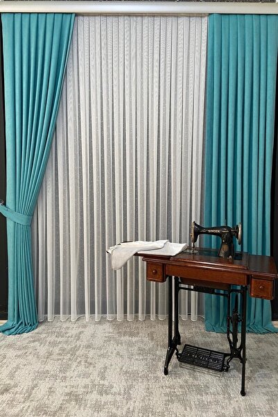 VOLPER MEKANİK Velvety Island Background Curtain 1 Piece 80 Cm Single Wing 1 X 2.5 Pleat Turquoise Color