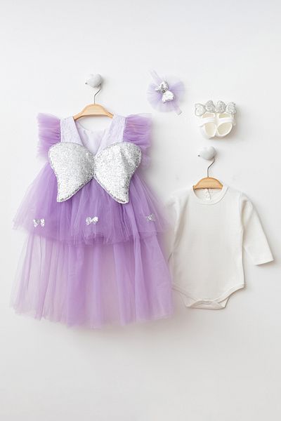 Harry&Millie 6 Month Baby Girl Dress with Sequin Tulle and Angel Wings - Wedding Evening Dress