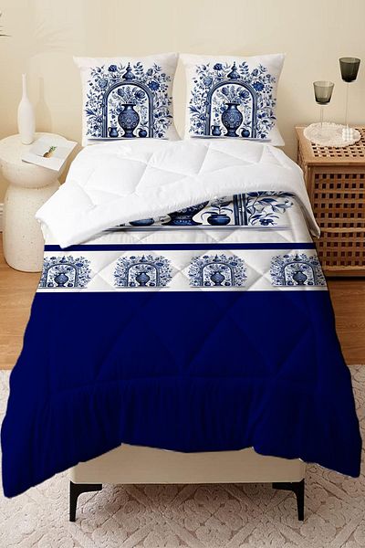 Else Dekor Vintage Patterned Blue and White Double Person Microfiber Quilted - With Quilt Pillow Case