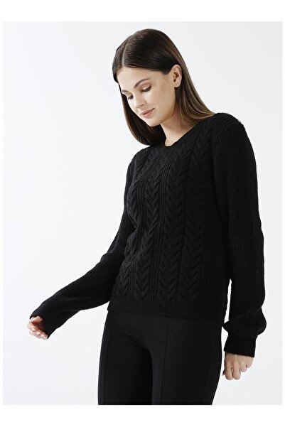 Fashion Friends Bisiklet Yaka Saç Örgü Siyah Kadın Kazak 22k0452k1