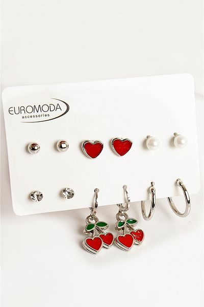 EUROMODA Set of 6 Cherry and Heart Designed Pearl Ball Earrings - Hoop and Solitaire Earrings