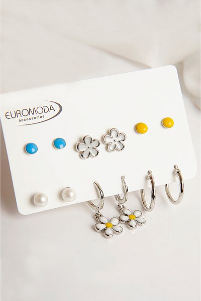 EUROMODA Set of 6 Colorful and Daisy Designed Earrings - with Pearl Ball and Earrings