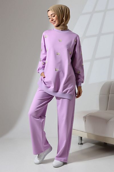 Mihran Butik Lilac Women's Hijab Set - Seasonal Combed Cotton, Sports and Comfortable Tunic and Pants