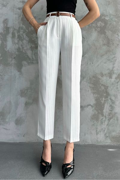 macharel jeans White Striped Pleated Belted Skinny Leg Women's Trousers