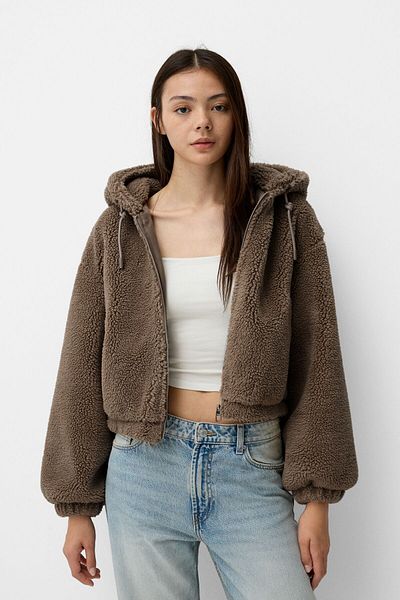 Bershka Faux Woolen Jacket with Hood