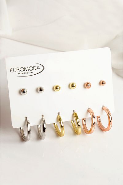 EUROMODA Rose Colored Gold Silver Hoop and Ball Earring Set