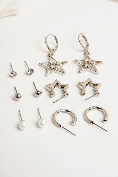 EUROMODA Star Patterned 6-Piece Pearl Ball and Solitaire Earrings Set