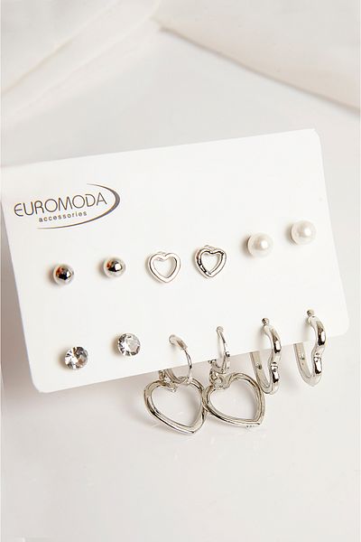 EUROMODA Solitaire with Pearl Ball and Hoop Earrings - Heart Design Set of 6 Earrings