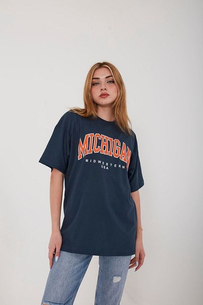 Mad&Calf Γυναικείο μπλουζάκι καπνιστό Michigan με στάμπα Oversize