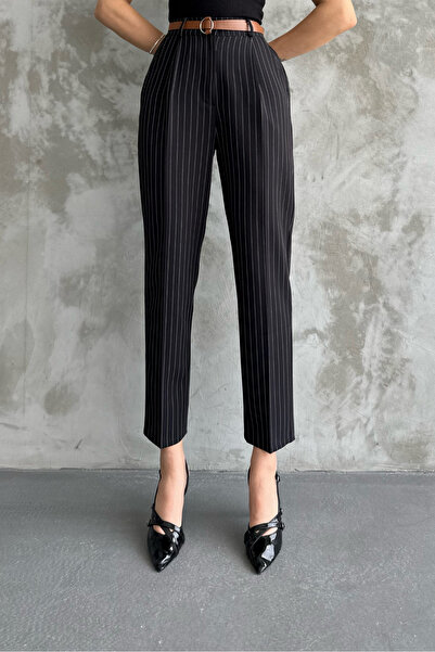 macharel jeans picior îngust de damă plisat cu centură pantaloni din stofă de sezon cu dungi negre