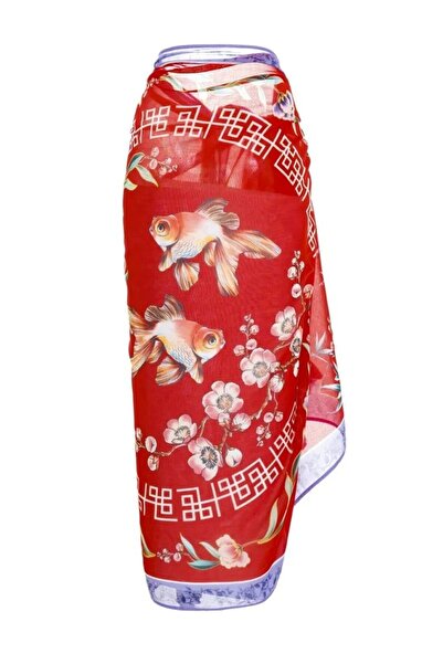 MAG FASHİON Shiny Soft Silk Satin Pareo with Fish Flower Pattern - 145 cm/100 cm