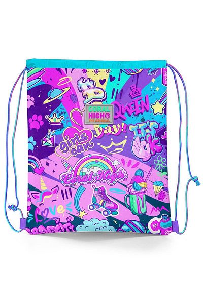 Coral High Graffiti Patterned Drawstring Drawstring Children's Backpack - 12648