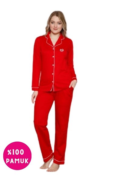 bie's Red White - 100% Cotton Shirt Collar Long Sleeve Pajamas Set