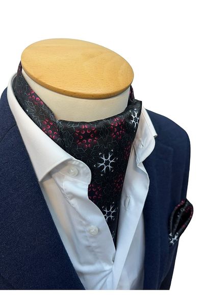 TMFASHİON Men's Ascot Scarf - Snow Patterned, Self-Tied Neck Cover and Pocket Handkerchief Set
