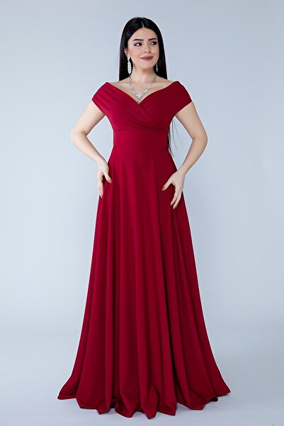 Bidoluelbise Kayık Kruvaze Yaka Düşük Omuz Dokuma Dökümlü Kumaş Maxi Boy Davet & Mezuniyet & Abiye Elbise