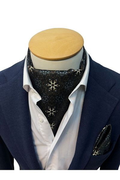TMFASHİON Men's Ascot Scarf - Snow Patterned, Self-Tied Neck Cover and Pocket Handkerchief Set