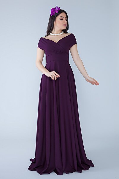 Bidoluelbise Kayık Kruvaze Yaka Düşük Omuz Dokuma Dökümlü Kumaş Maxi Boy Davet & Mezuniyet & Abiye Elbise