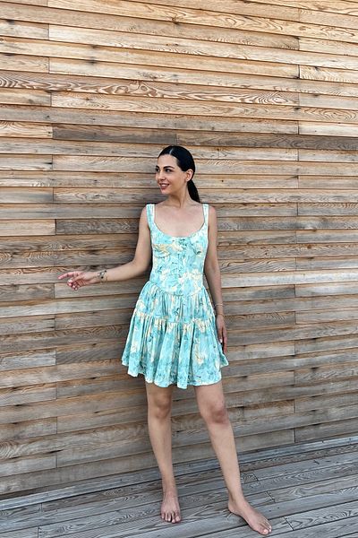 Seda Yalçın Atelier Mint Green Gather Detailed Patterned Dress