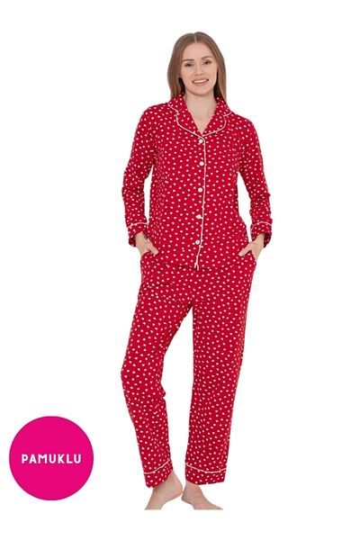 bie's Shirt Collar Heart Pajama Set - Red White, Long Sleeve, Cotton Lycra, Seasonal Pocket