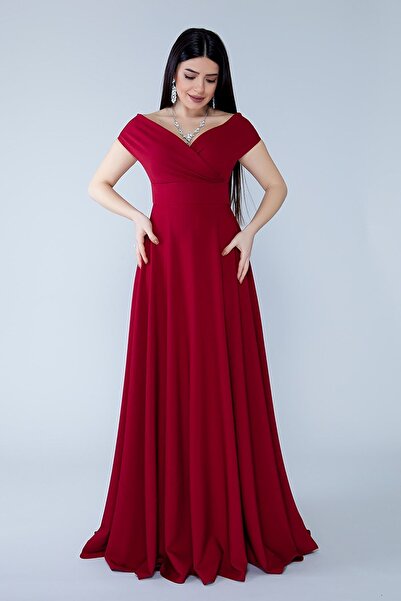 Bidoluelbise Kayık Kruvaze Yaka Düşük Omuz Dokuma Dökümlü Kumaş Maxi Boy Davet & Mezuniyet & Abiye Elbise