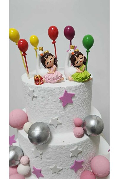 Himi Pasta Süsleri Kuğulu Kızlar ve Balon Maket Kürdanlı Cupcake Pasta Süsü D...
