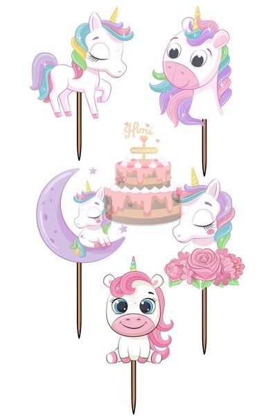 Himi Pasta Süsleri Unicorn Özel Doğum Günü Kız Erkek Çocuk Maket Pasta Kürdan...