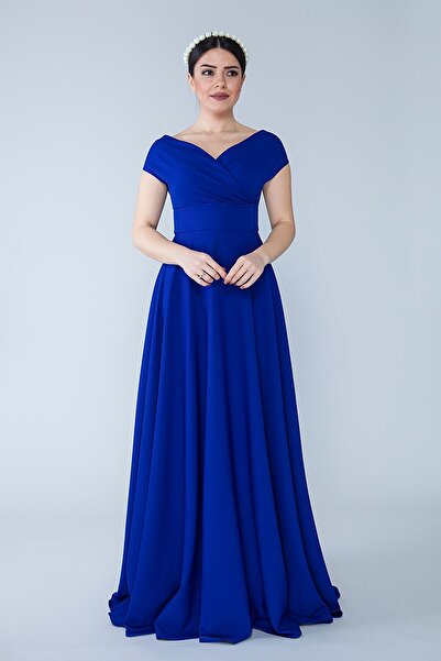 Bidoluelbise Kayık Kruvaze Yaka Düşük Omuz Dokuma Dökümlü Kumaş Maxi Boy Davet & Mezuniyet & Abiye Elbise