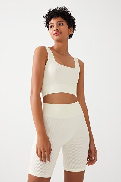 Los Ojos Women's Ecru Strap Ribbed Square Neck Crop Top Bustier Square