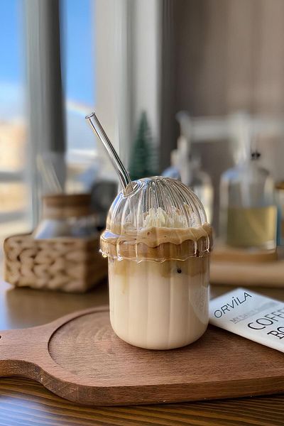 Orvila Mika 430 Ml Hard Plastic Coffee and Frozen Soft Drink Cup - With Glass Straw Gift