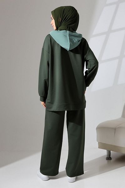 Mihran Butik Women's Khaki Green Sports Set - Seasonal Combed Cotton Tunic and Trousers Set