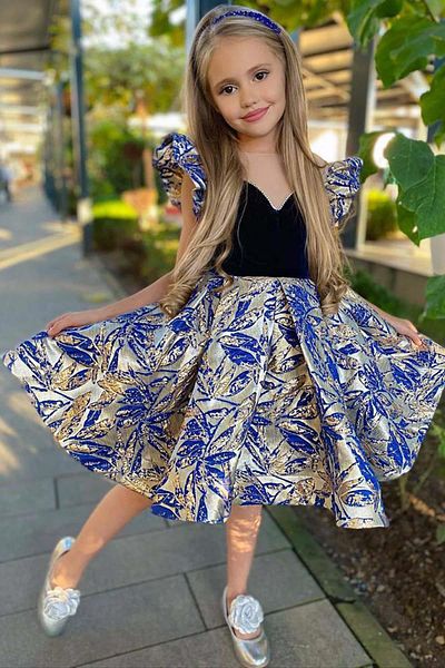 Riccotarz Girl's Jacquard Navy Blue Evening Dress with Transparent Stone Detail on the Collar