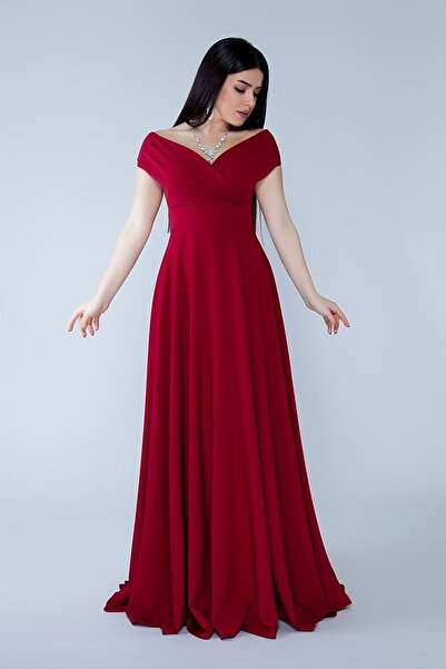 Bidoluelbise Kayık Kruvaze Yaka Düşük Omuz Dokuma Dökümlü Kumaş Maxi Boy Davet & Mezuniyet & Abiye Elbise