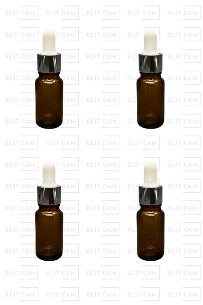 10 ML AMBER RENK CAM SERUM ŞİŞESİ - GÜMÜŞ METAL KAPAK - BEYAZ EMZİK  - 4 ADET