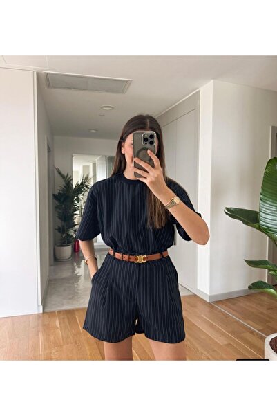 Meros Atelier طقم شورت و تي شيرت قطني مخطط باللون الكحلي