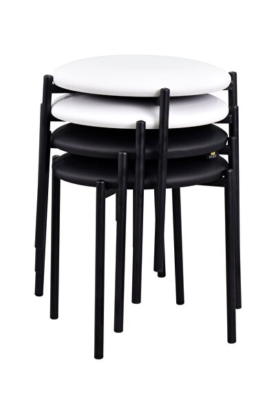 VİLİNZE Nil Siyah Metal Ayak Deri İstiflenebilir Mutfak-Balkon Taburesi (4 Adet)