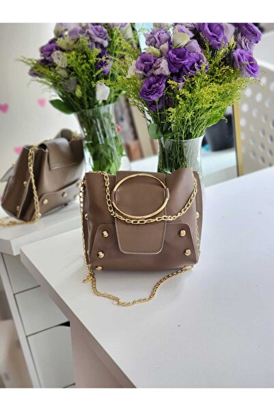 Moom Bag Dark Beige Women's Shoulder Bag - Studded and Ring Detail