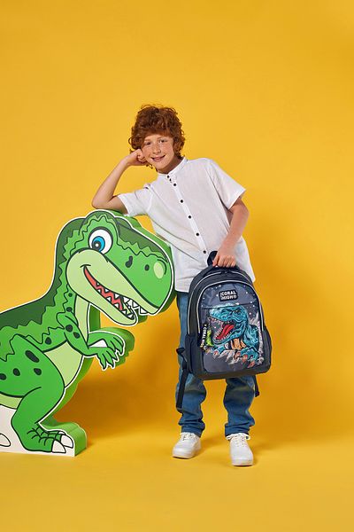 Coral High Παιδικό σακίδιο πλάτης γκρι Dinosaur με τρία διαμερίσματα 14386