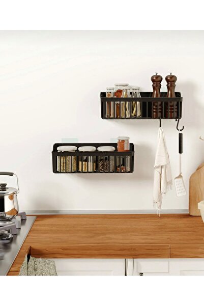 Cosargroup Mutfak Rafı 2'li Set Yapışkanlı Lüks Modern Siyah Baharatlık Rafı Organizer Düzenleyici
