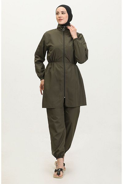 sefamerve Khakifarbener Hijab-Badeanzug mit Tasche, Modell 2038-02