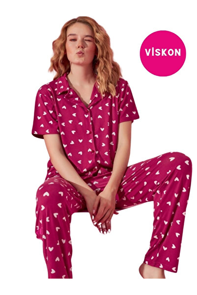 bie's Pijamale din viscoză albă fucsia - cu model inimă, cu nasturi în față, ...