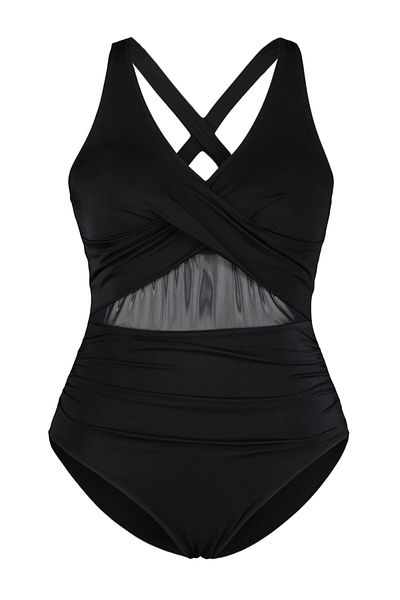 Trendyol Curve Schwarzer, übergroßer Badeanzug mit Ausschnitt an der Taille, Mesh/Tüll-Detail, TBBSS23AM00037