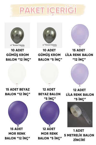 Parti Setim 100 Pieces Silver Chrome Purple Lilac White Balloons Set - My Party Set