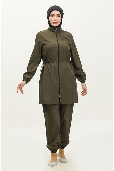 sefamerve Wasserdichter zweiteiliger Hijab-Badeanzug mit Tasche und elastischem Bund 5035-04 Khakigrün